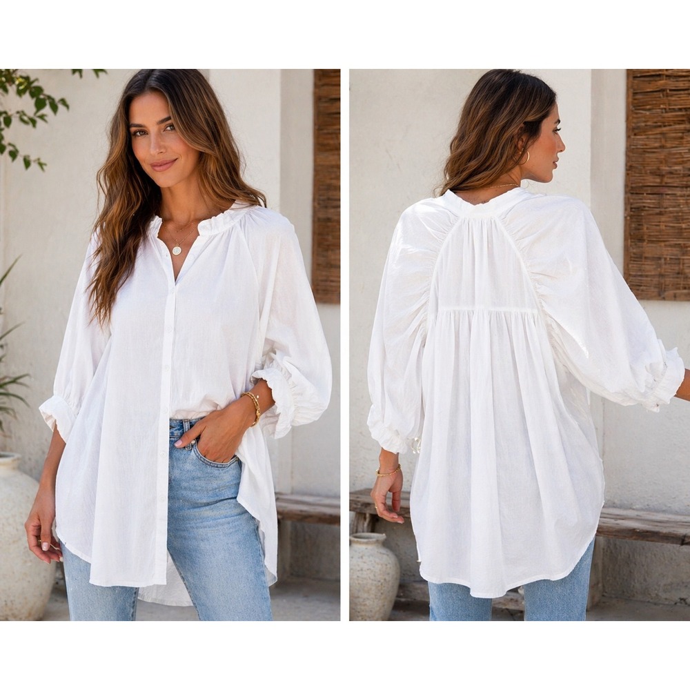 Gioya White Cotton Oversized Tunic Blouse Balloon Sleeve Boho Cottage Coastal
